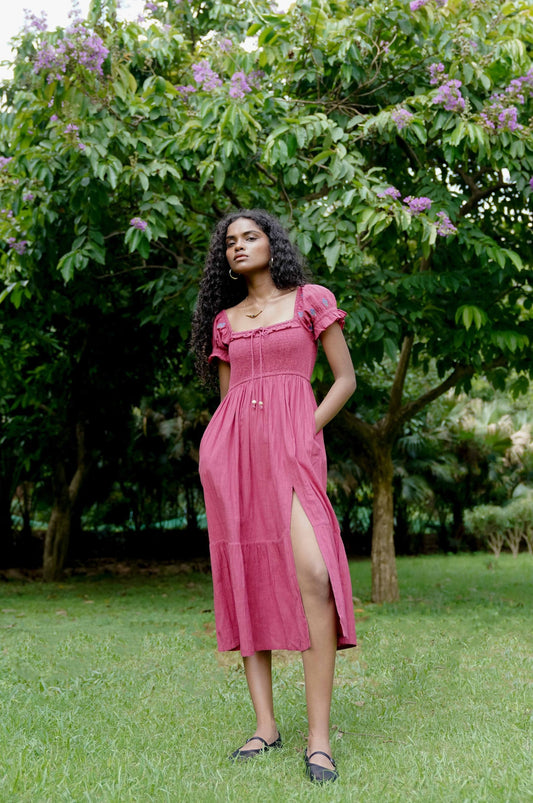 Full front picture of Boho style red dress with floral embrodiery 