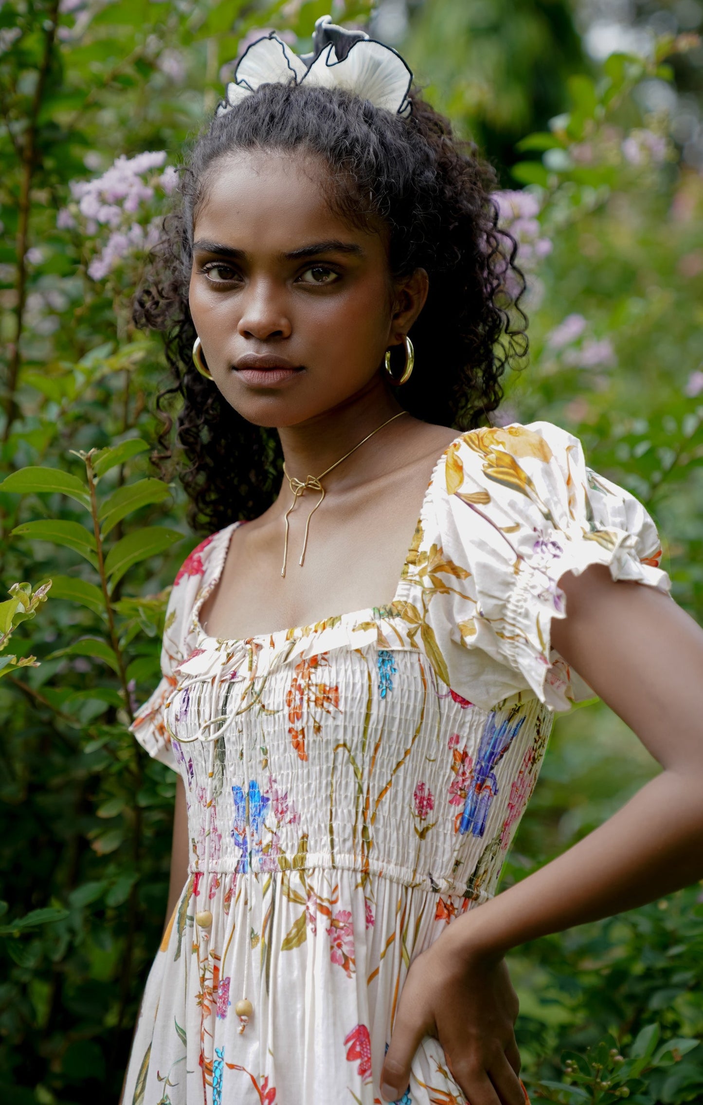 Detail picture of the smocking on floral midi dress