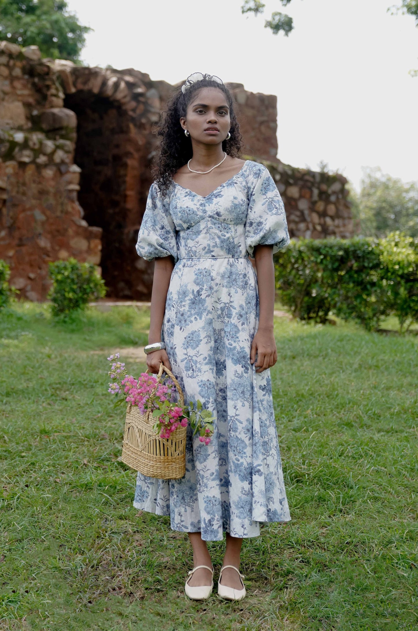 Full front picture of floral off shoulder midi dress