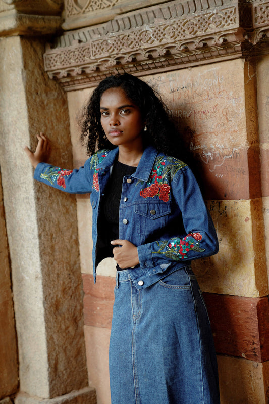 Front picture of blue cropped denim jacket