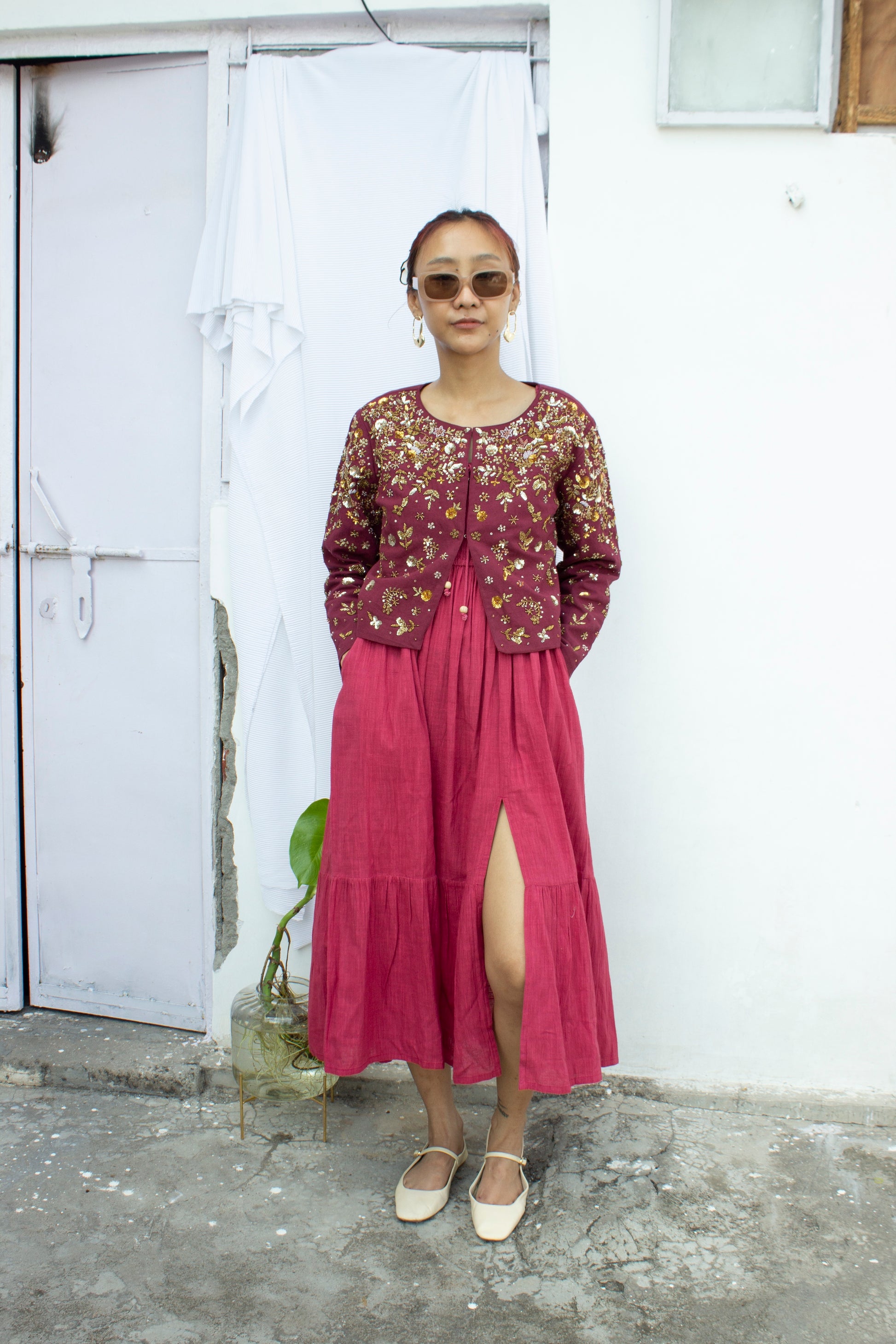 Front picture of burgundy embroidered cropped jacket