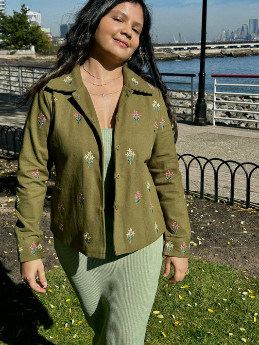 Front photo of olive green embroidered jacket