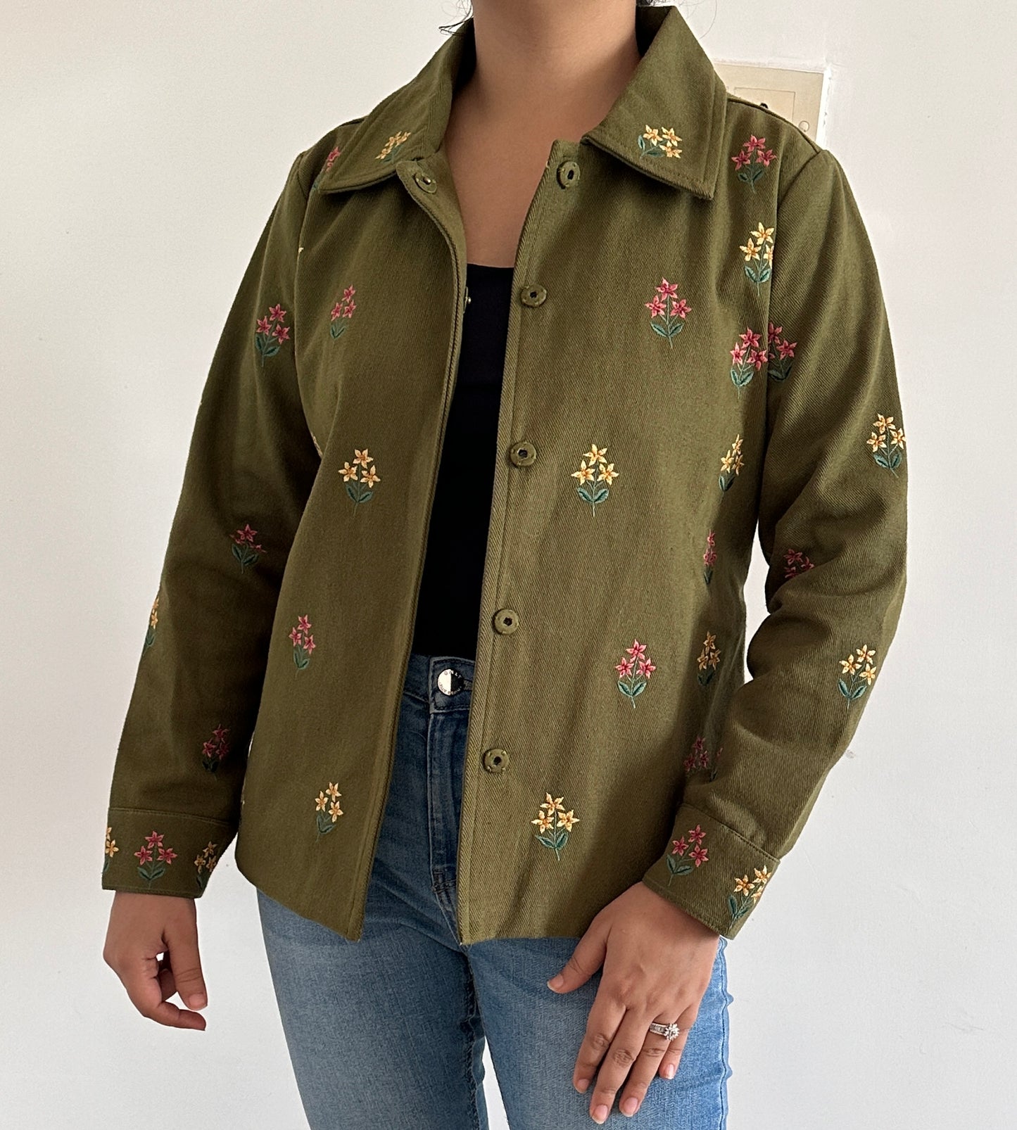 Front photo of olive green embroidered jacket with pants