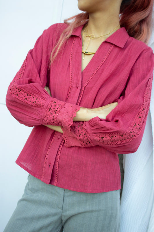 Front picture of long sleeve cropped shirt with lace detail