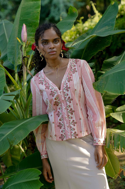 Front picture of pink embroidered blouse with puff sleeves